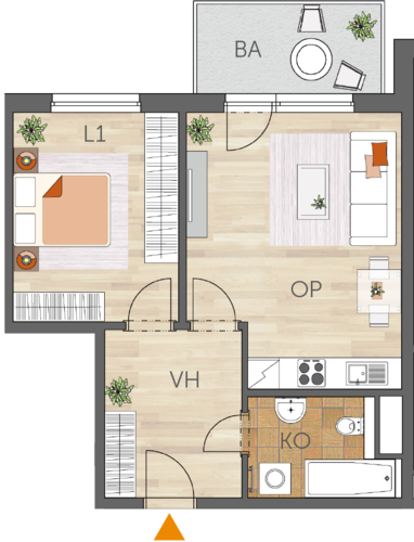 Apartment 2+kk, 1. floor, balcony