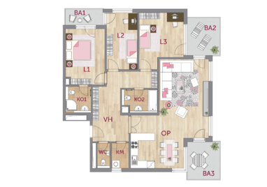 Apartment 4+kk, 7. floor, 3 x balcony