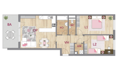 Byt 3+kk, 3. podlaží, balkón