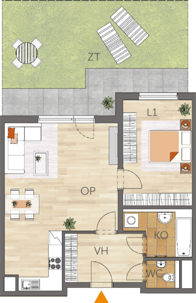 Apartment 2+kk, 1. floor, front garden