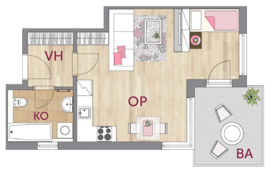 Apartment 1+kk, 1. floor, balcony