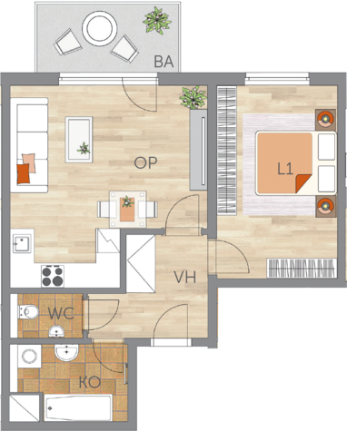 Byt 2+kk, 2. podlaží, balkón