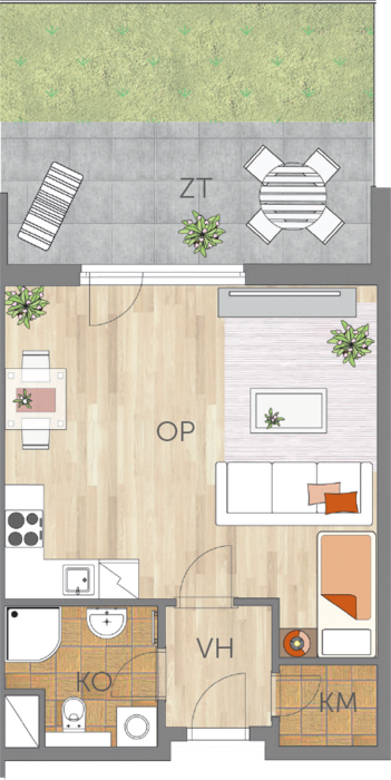 Byt 1+kk, 1. podlaží, předzahrádka