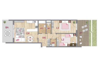 Byt 3+kk, 1. podlaží, balkón, předzahrádka